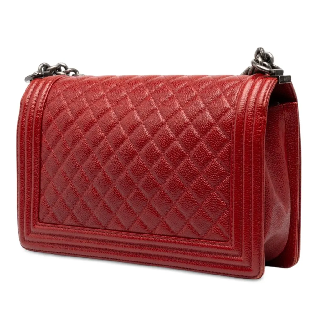 Chanel Medium Quilted Caviar Boy Flap Red Leather Very good - Back View