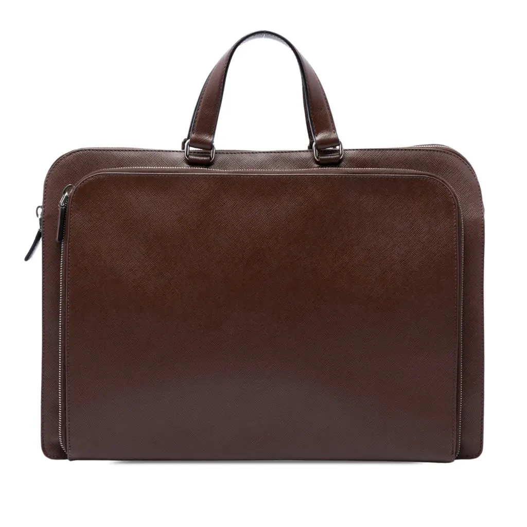 Prada Saffiano Cuir Travel Front Zip Pocket Briefcase Brown Leather Very good - Front View