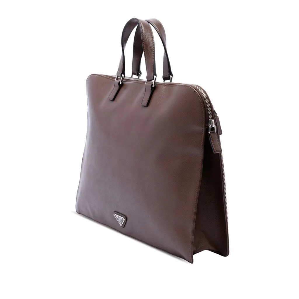 Prada Saffiano Cuir Travel Front Zip Pocket Briefcase Brown Leather Very good - Back View