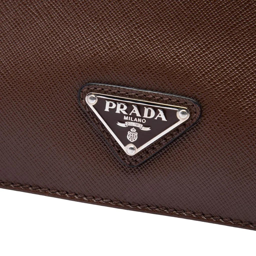 Prada Saffiano Cuir Travel Front Zip Pocket Briefcase Brown Leather Very good - Box View