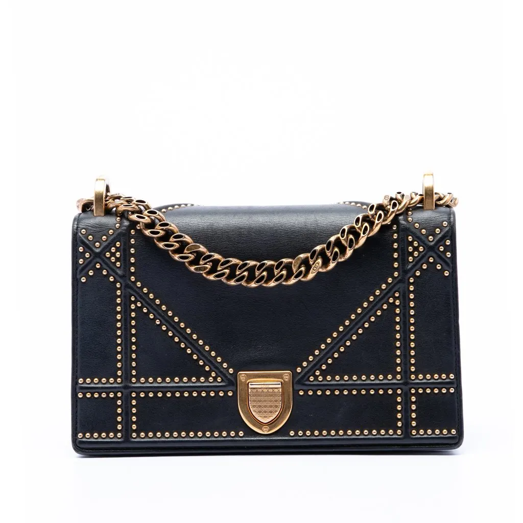 Dior Medium Studded Lambskin Diorama Flap Black Leather Very good - Front View