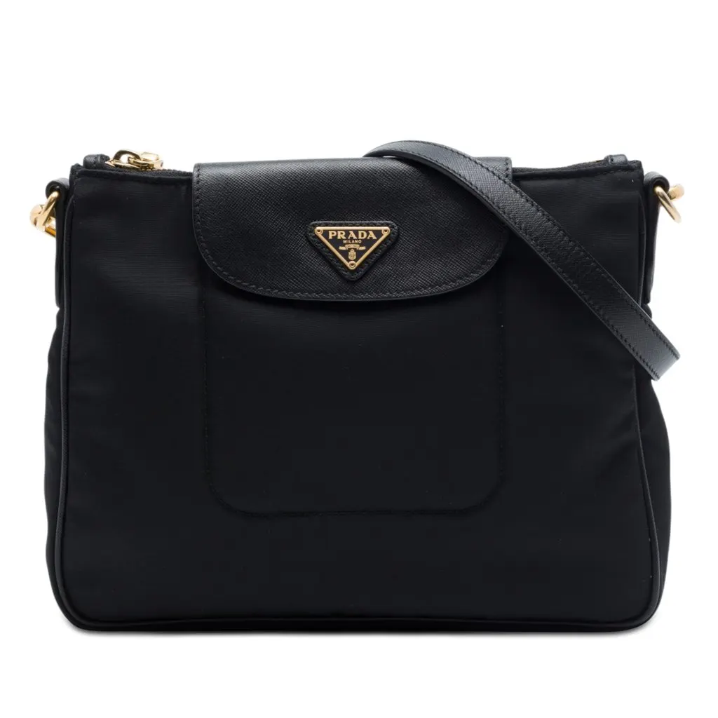 Prada Saffiano Trimmed Tessuto Crossbody Black Very good - Front View