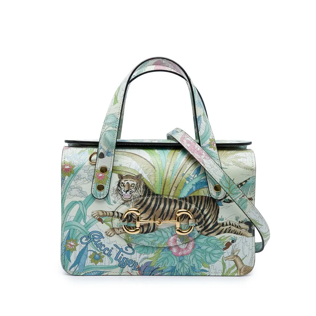 Gucci New Shangai Mini Calfskin Tiger Horsebit 1955 Foldover Top Handle Bag White Leather Very good - Front View