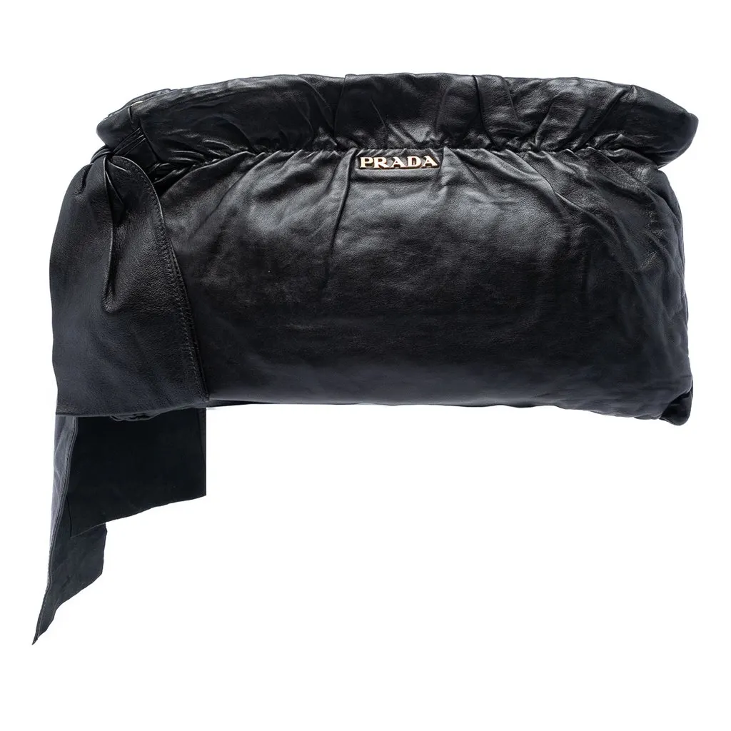 Prada Nappa Antique Bow Clutch Black Leather Very good - Front View
