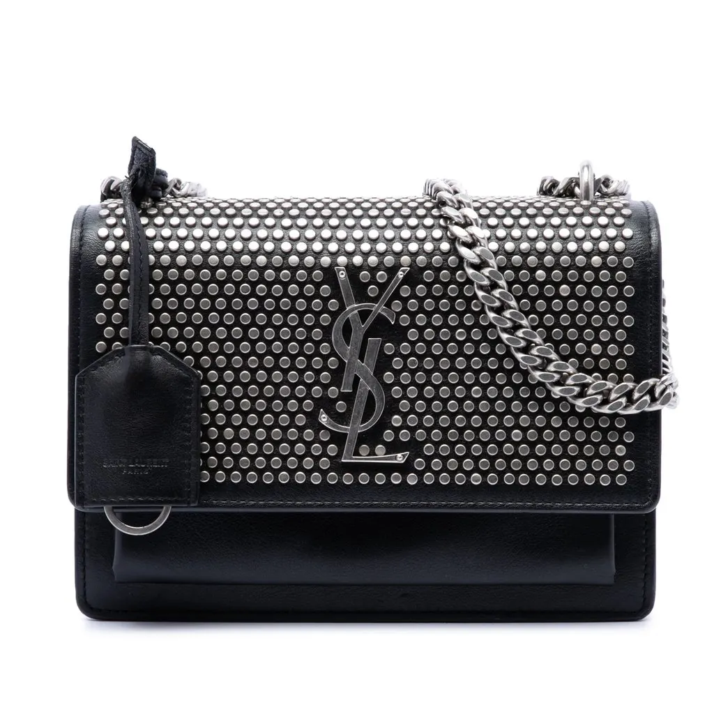 Saint Laurent Small Studded Calfskin Monogram Sunset Crossbody Black Leather Very good - Front View