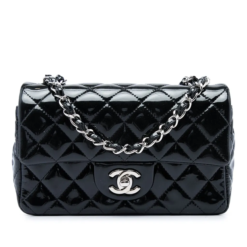Chanel Mini Rectangular Classic Patent Single Flap Black Leather Very good - Front View