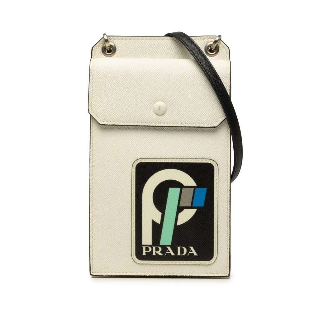 Prada Saffiano Patch Phone Holder White Leather Very good - Front View