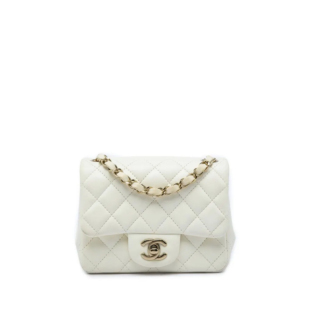Chanel Mini Square Classic Lambskin Single Flap White Leather Very good - Front View