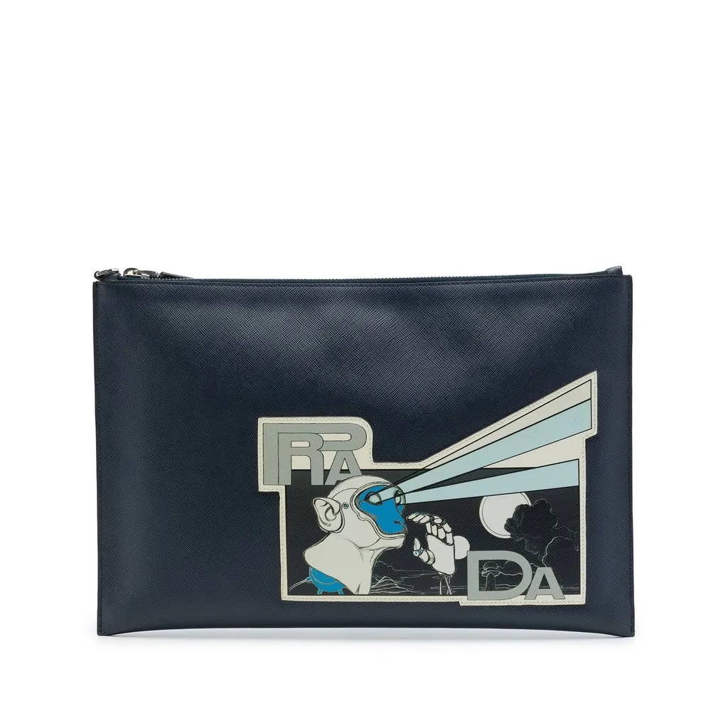 Prada Saffiano Monkey Robot Clutch Blue Leather Very good - Front View