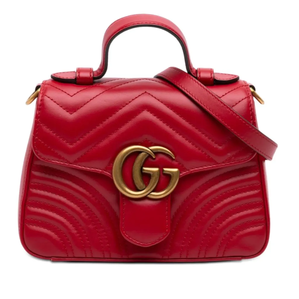 Gucci Mini GG Marmont Matelasse Leather Top Handle Bag Red Leather Very good - Front View