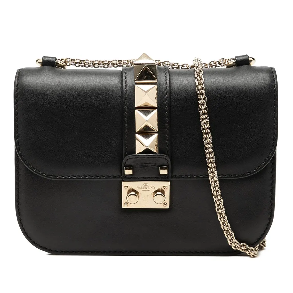 Valentino Small Leather Rockstud Glam Lock Crossbody Black Leather Very good - Front View