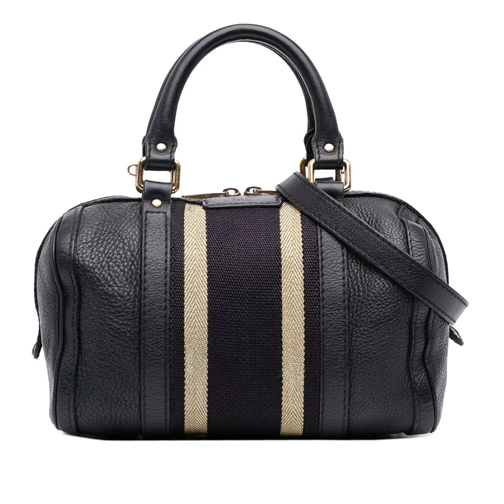 Gucci Small Calfskin Web Joy Boston Bag Black Leather Good - Front View