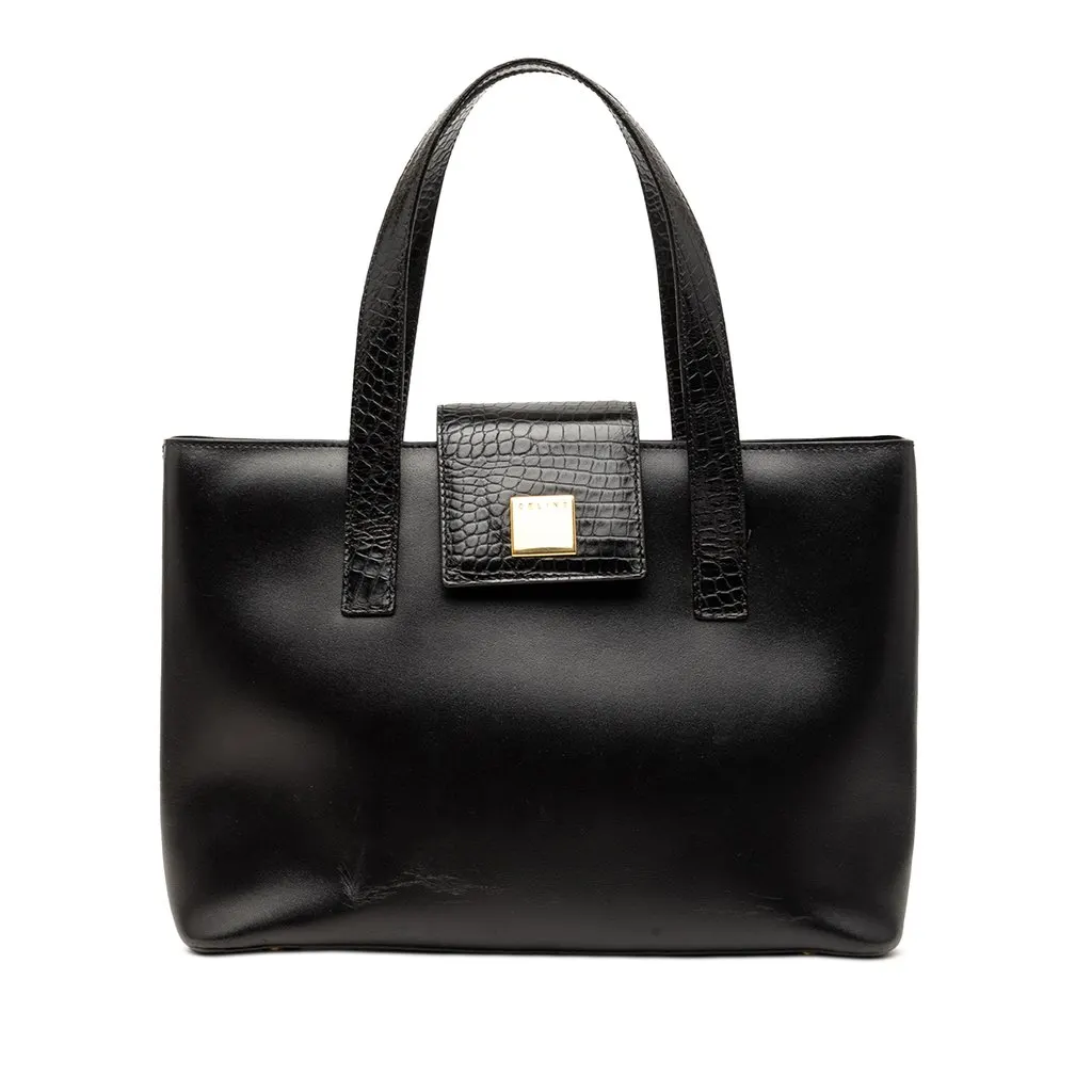Celine Croc Embossed and Smooth Calfskin Handbag Black Leather Good - Front View