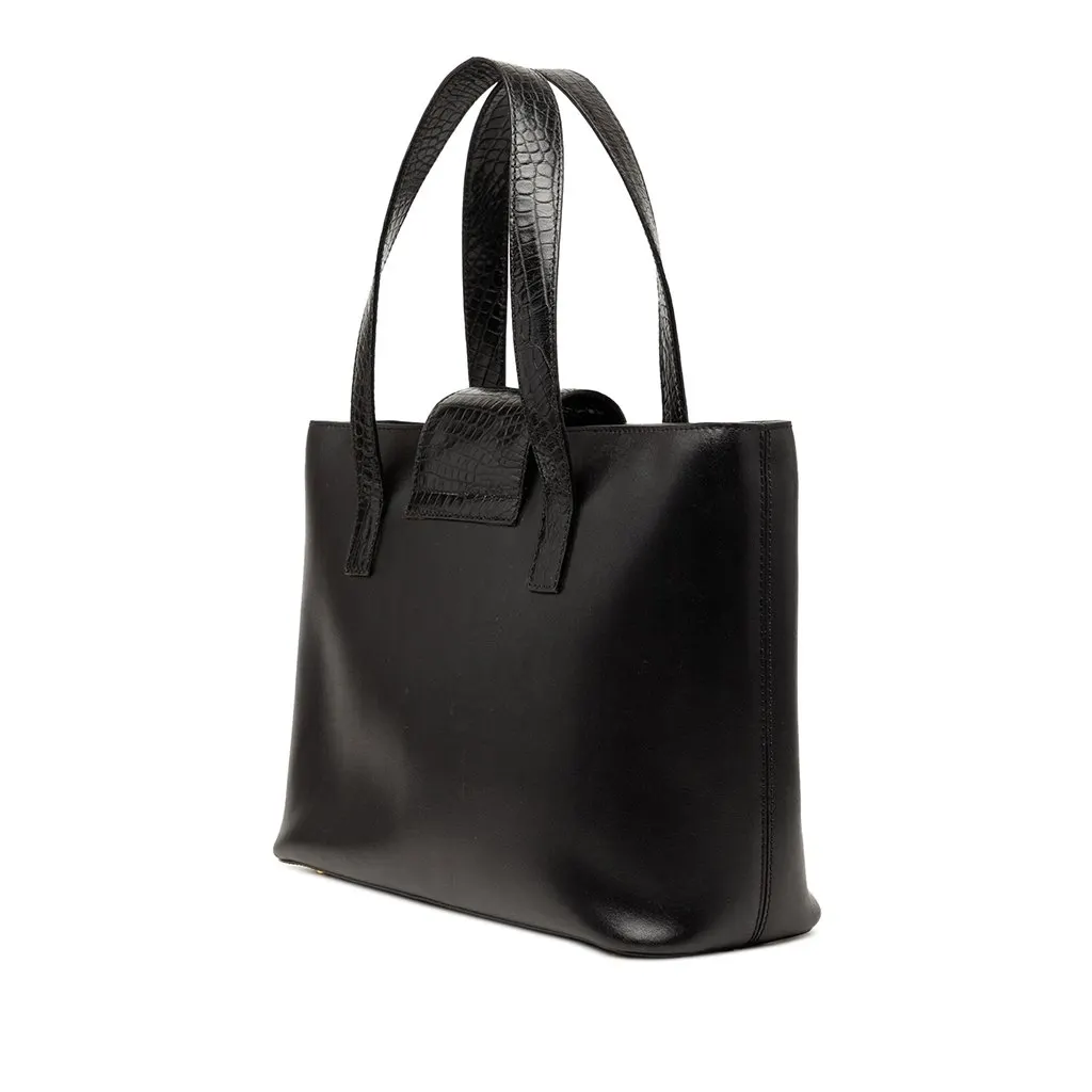 Celine Croc Embossed and Smooth Calfskin Handbag Black Leather Good - Back View