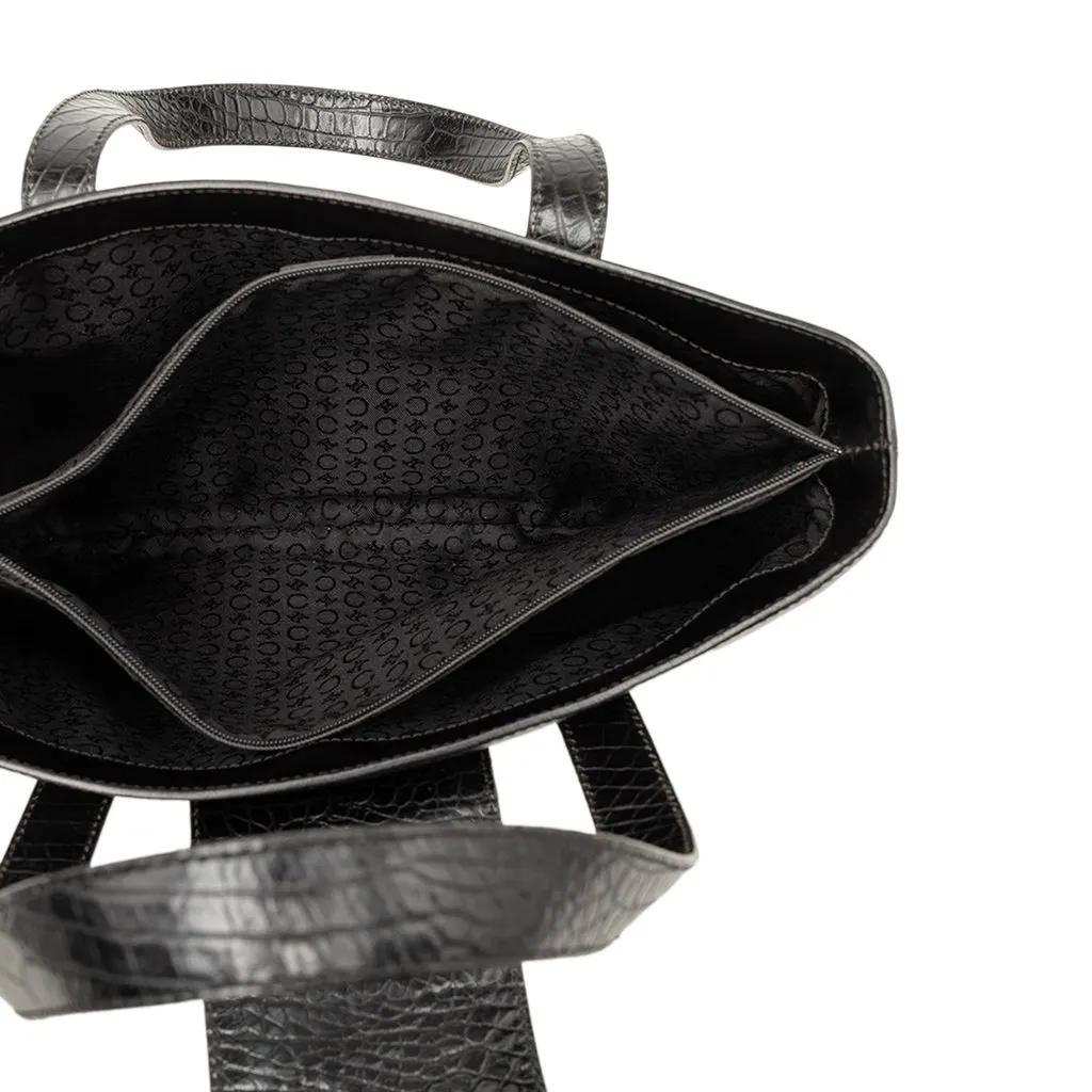 Celine Croc Embossed and Smooth Calfskin Handbag Black Leather Good - Model View
