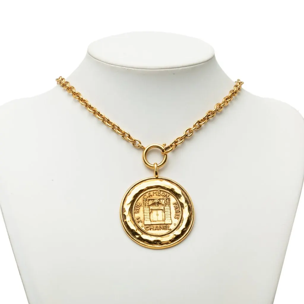 Chanel Gold Plated Rue Cambon Medallion Pendant Necklace Gold Metal Very good - Box View