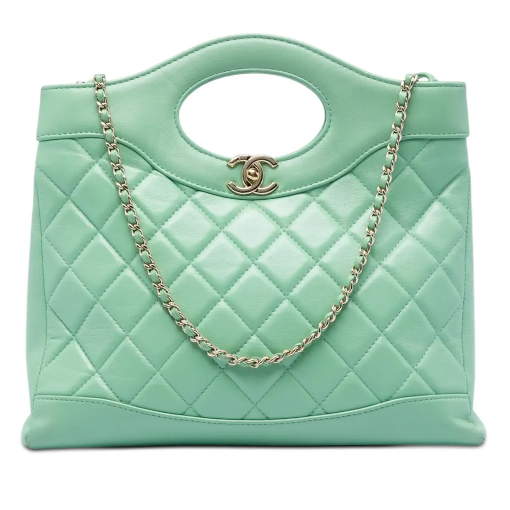 Chanel Small Quilted Shiny Lambskin 31 Shopping Bag Green Leather Very good - Front View