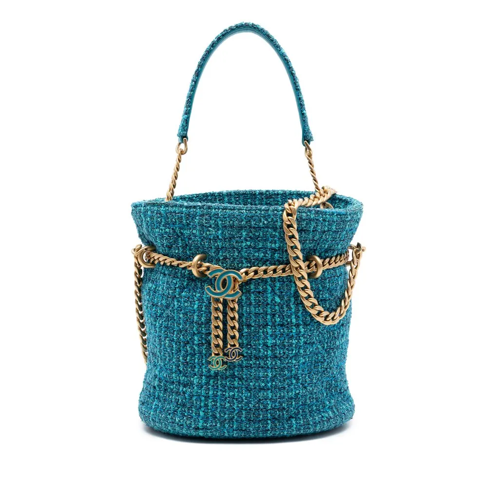 Chanel Tweed Pending CC Top Handle Bucket Bag Blue Very good - Front View