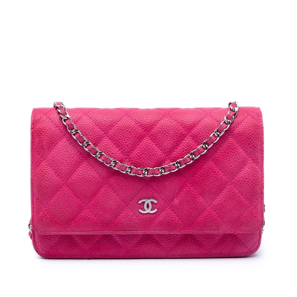 Chanel CC Quilted Caviar Wallet on Chain Pink Leather Very good - Front View