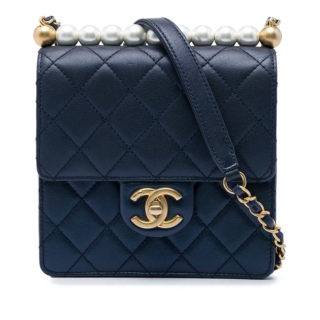 Chanel Small Quilted Lambskin Chic Pearls Flap Blue Leather Very good - Front View