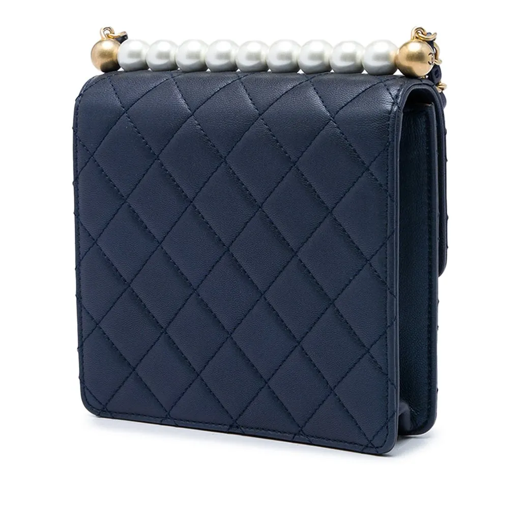 Chanel Small Quilted Lambskin Chic Pearls Flap Blue Leather Very good - Back View
