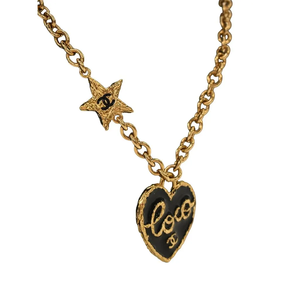 Chanel Gold Plated Enamel Coco Heart Star Pendant Necklace Gold Metal Very good - Box View