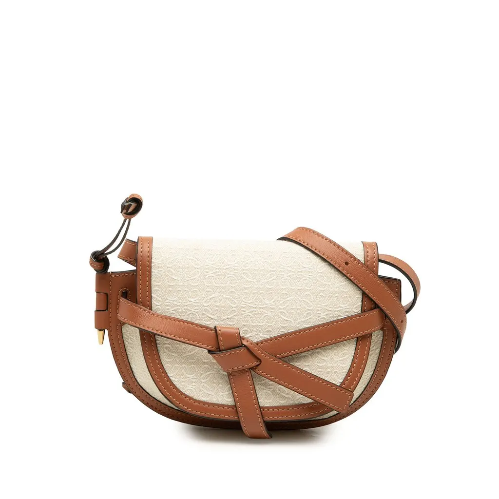 Loewe Mini Bicolor Anagram Canvas and Smooth Calfskin Gate Crossbody Beige Canvas Very good - Front View