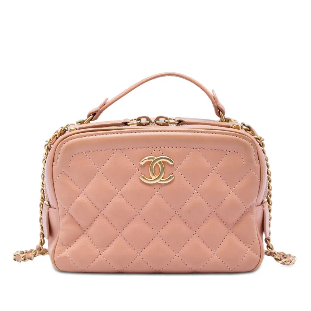 Chanel Small CC Quilted Calfskin Top Handle Vanity Case with Chain Pink Leather Good - Front View