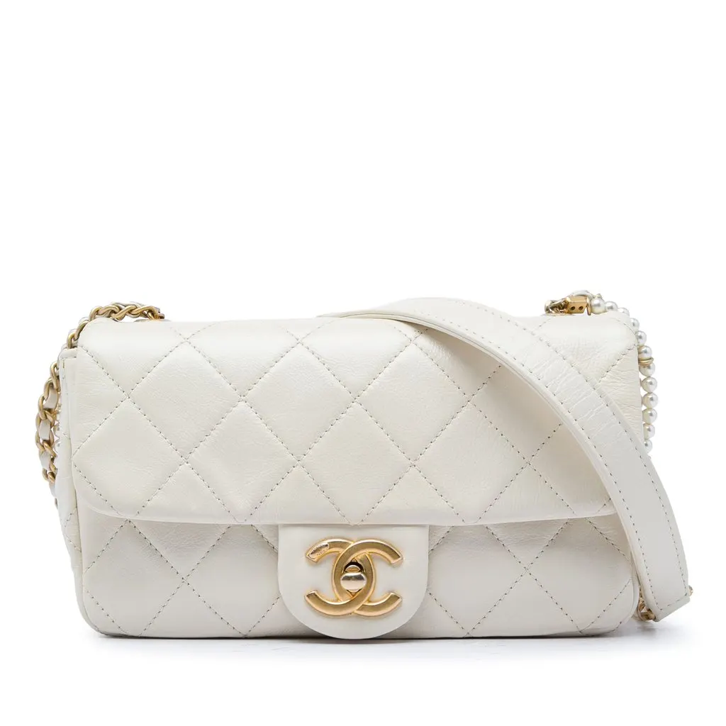 Chanel Mini Quilted Calfskin Crystal Pearls Chain Flap White Leather Very good - Front View