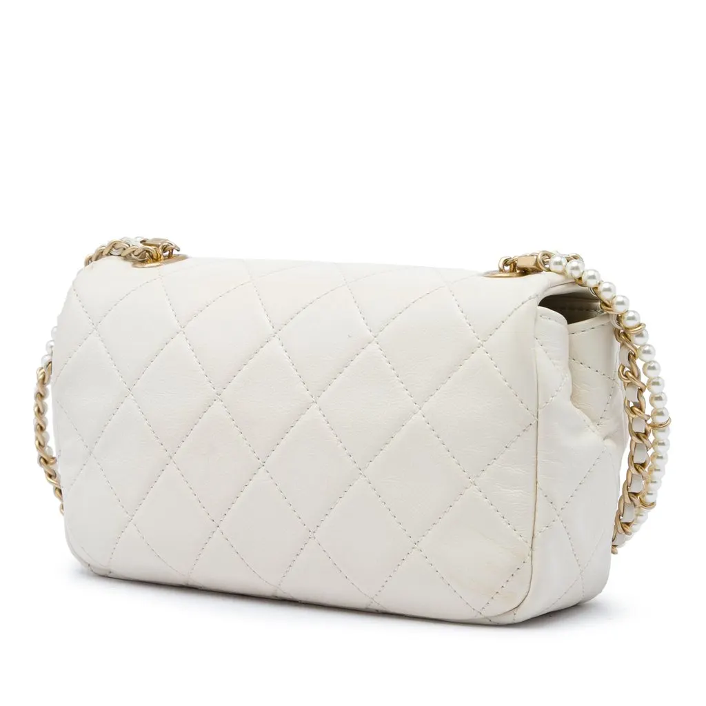 Chanel Mini Quilted Calfskin Crystal Pearls Chain Flap White Leather Very good - Back View