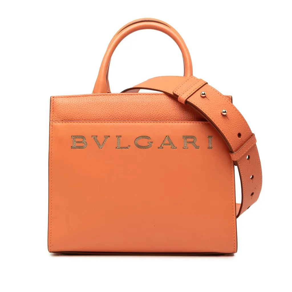 Bvlgari Smooth and Pebbled Calfskin Logo Tote Orange Leather Very good - Front View
