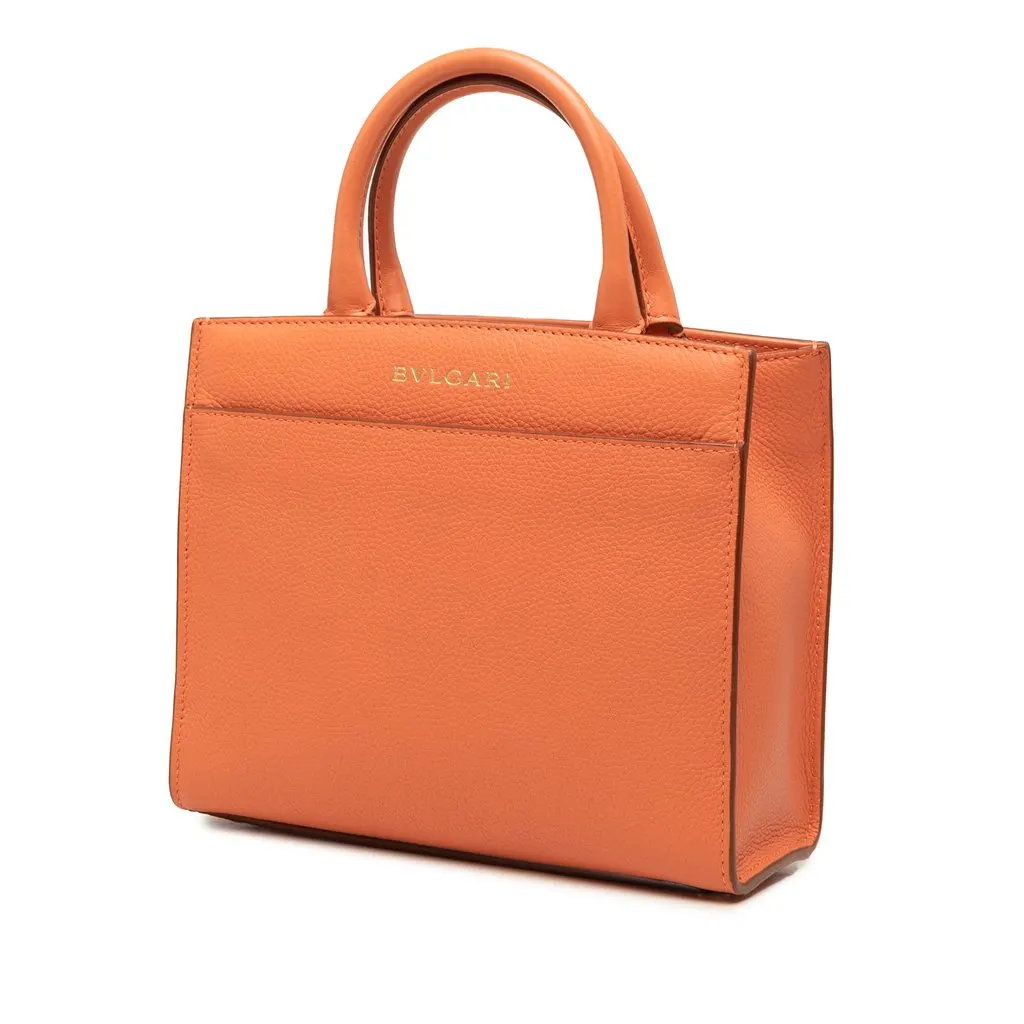 Bvlgari Smooth and Pebbled Calfskin Logo Tote Orange Leather Very good - Back View
