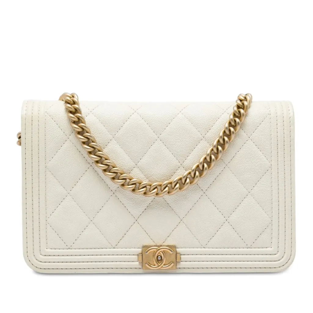 Chanel Quilted Caviar Boy Wallet on Chain White Leather Very good - Front View