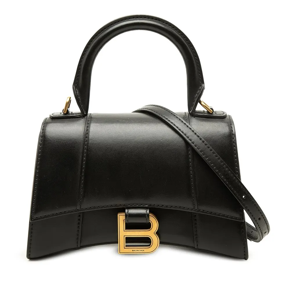 Balenciaga Calfskin Hourglass Top Handle Bag XS Black Leather Good - Front View