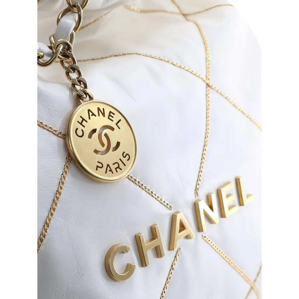 Chanel Small Quilted Shiny Calfskin Chain 22 Handbag White Leather Very good - Model View