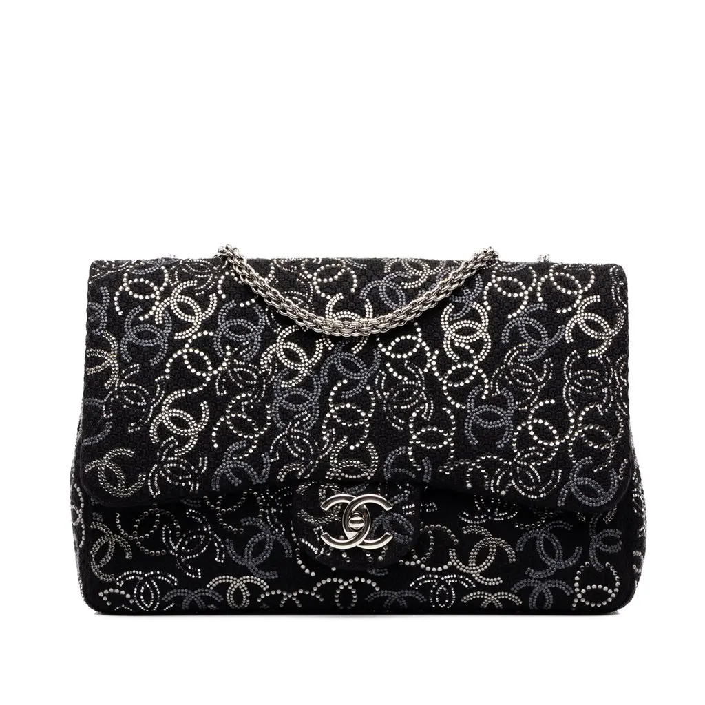 Chanel Paris Shanghai Jumbo Tweed Strass Embellished Pudong Double Flap Black Tweed Good - Front View