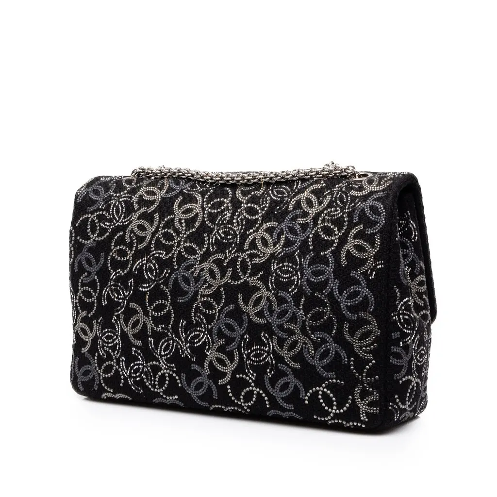 Chanel Paris Shanghai Jumbo Tweed Strass Embellished Pudong Double Flap Black Tweed Good - Back View
