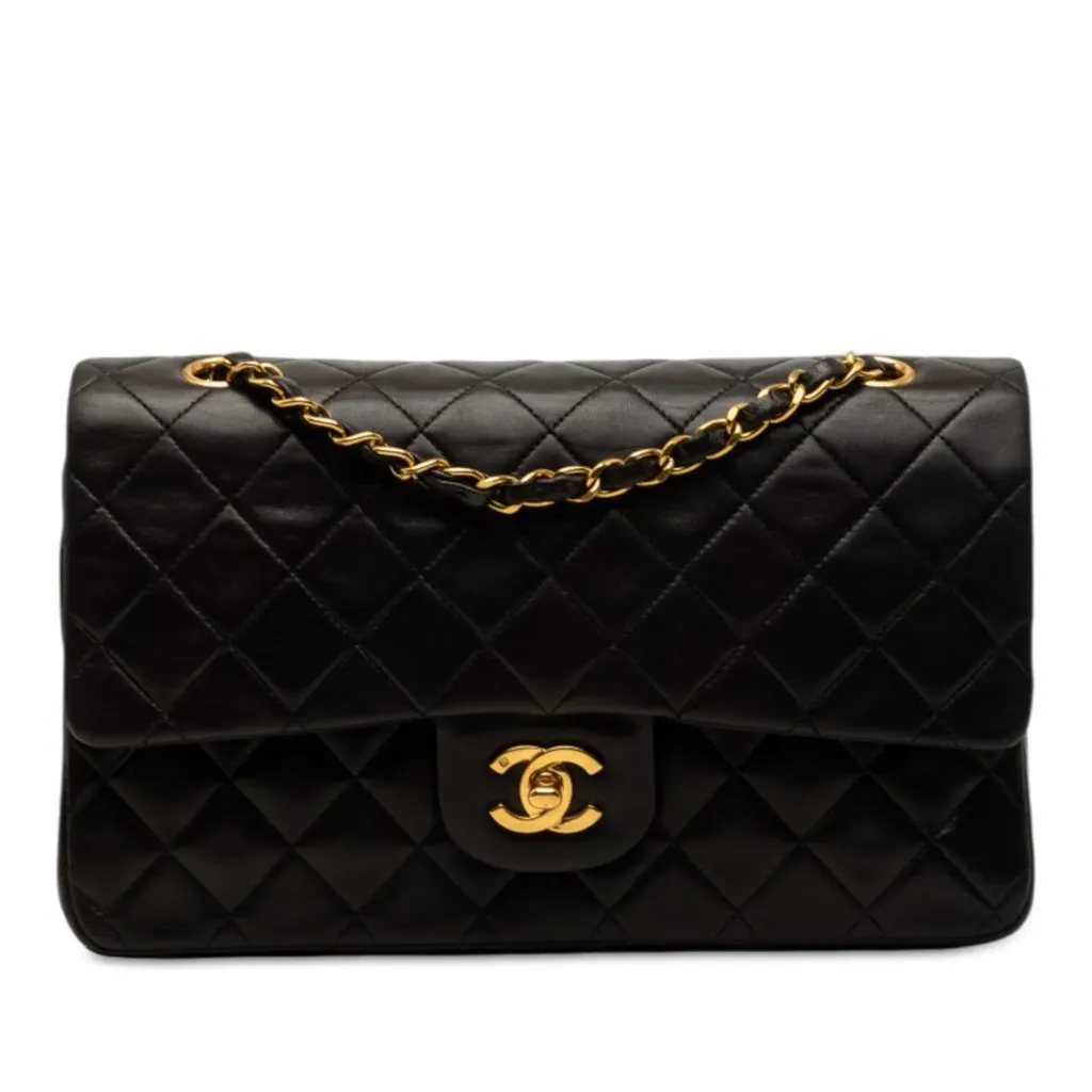 Chanel Medium Classic Lambskin Double Flap Black Leather Very good - Front View