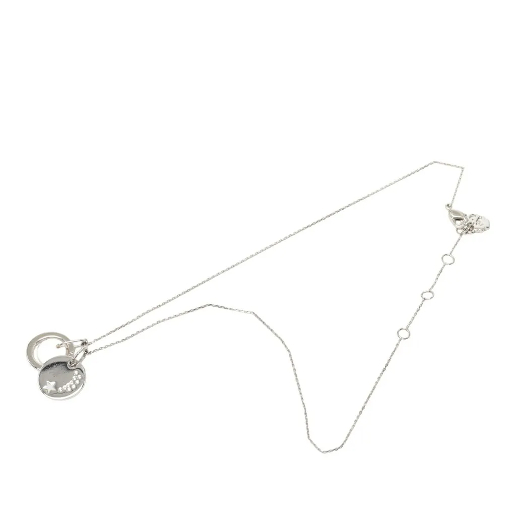 Dior Brass and Strass Double Pendant Charm Necklace Silver Brass Very good - Front View