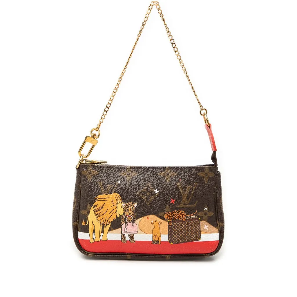 Louis Vuitton Monogram Cats Christmas Animation Mini Pochette Accessories Brown Canvas Very good - Front View