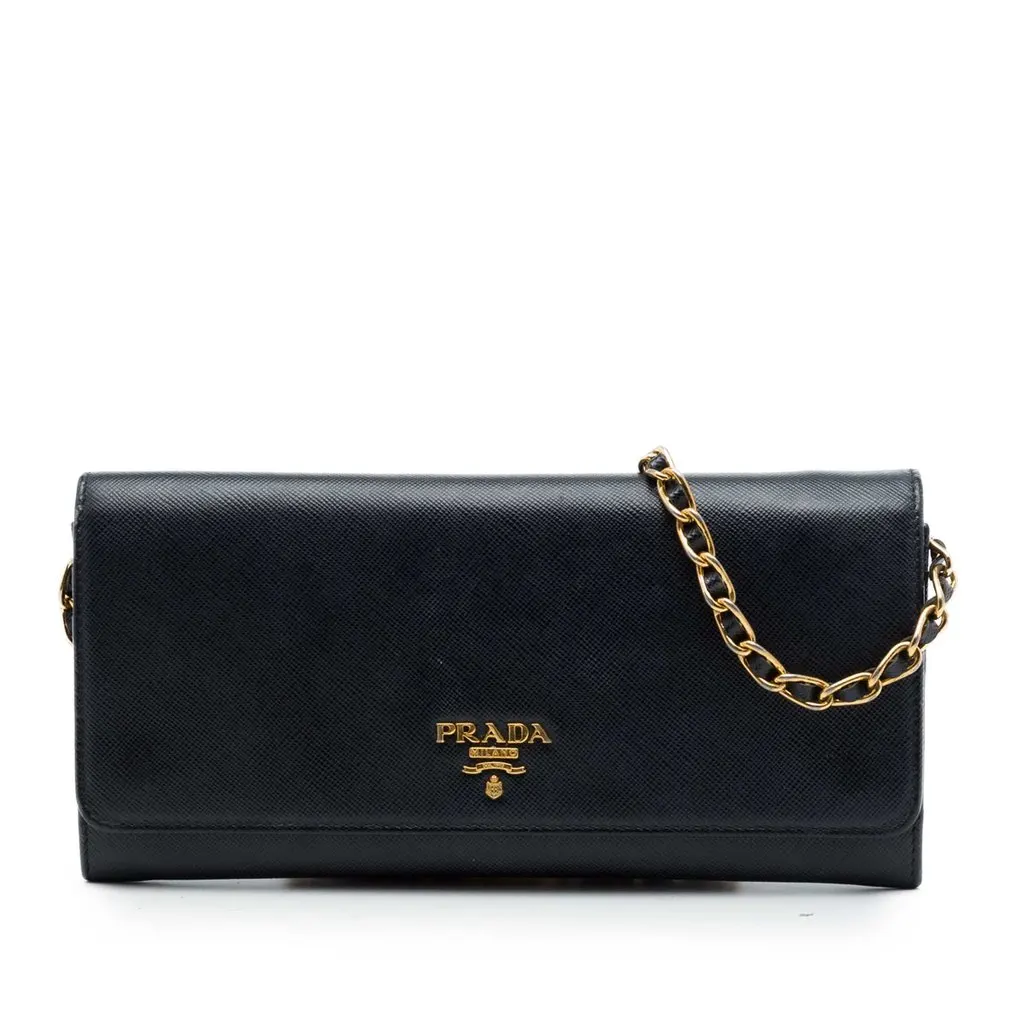 Prada Saffiano Wallet On Chain Black Leather Good - Front View
