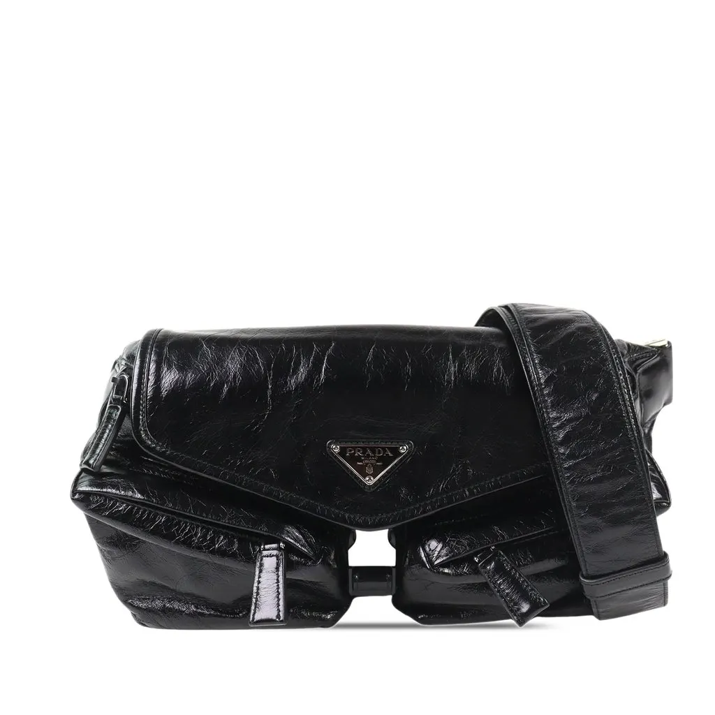 Prada Crinkled Calfskin Buckle Messenger Bag