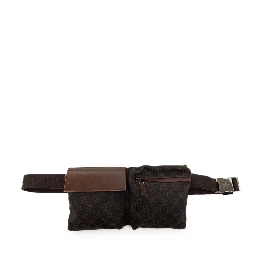 Gucci GG Canvas Double Pocket Belt Bag Brown Canvas Good - Front View