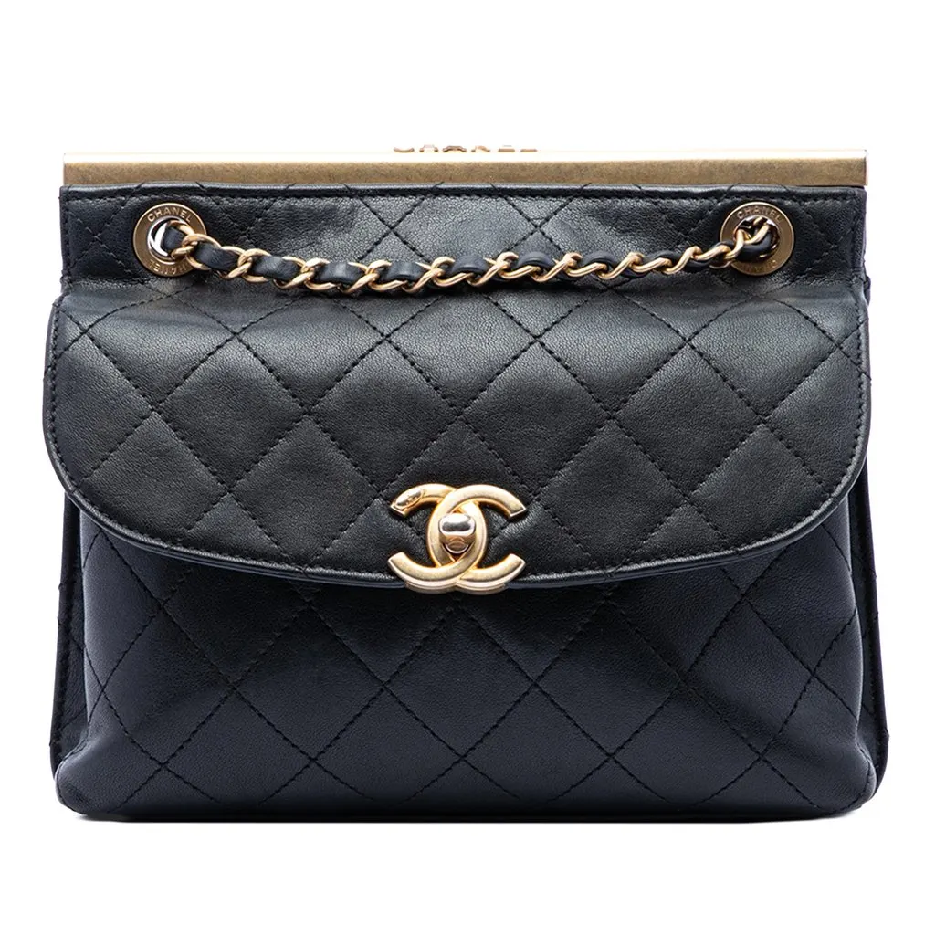 Chanel CC Quilted Calfskin Double Sided Metal Frame Flap Black Leather Very good - Front View