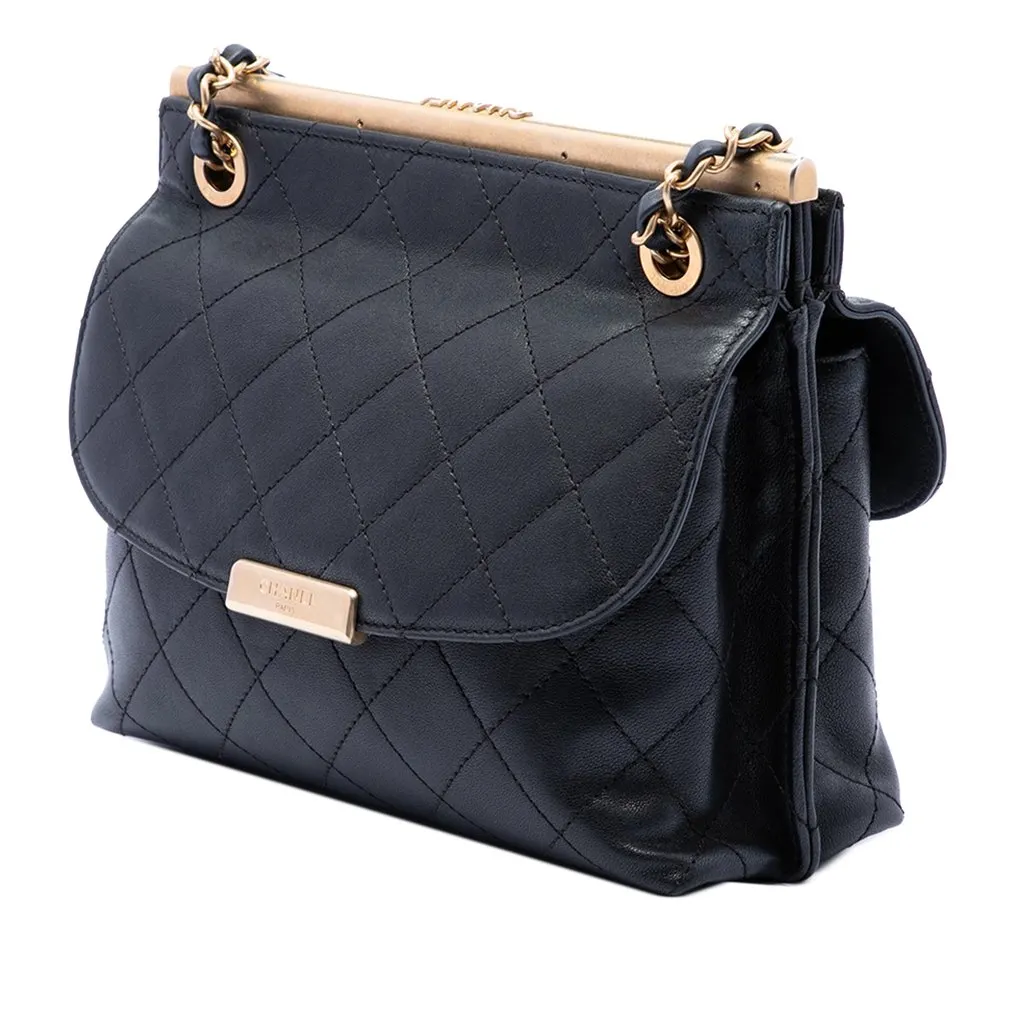 Chanel CC Quilted Calfskin Double Sided Metal Frame Flap Black Leather Very good - Back View