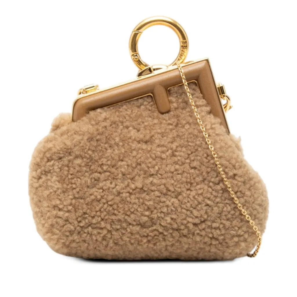 Fendi Nano Shearling Fendi First Charm Bag Beige Wool Very good - Front View