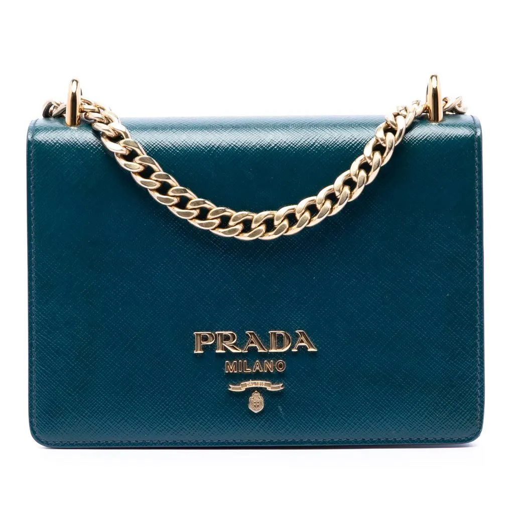 Prada Mini Saffiano Chain Flap Crossbody Blue Leather Very good - Front View