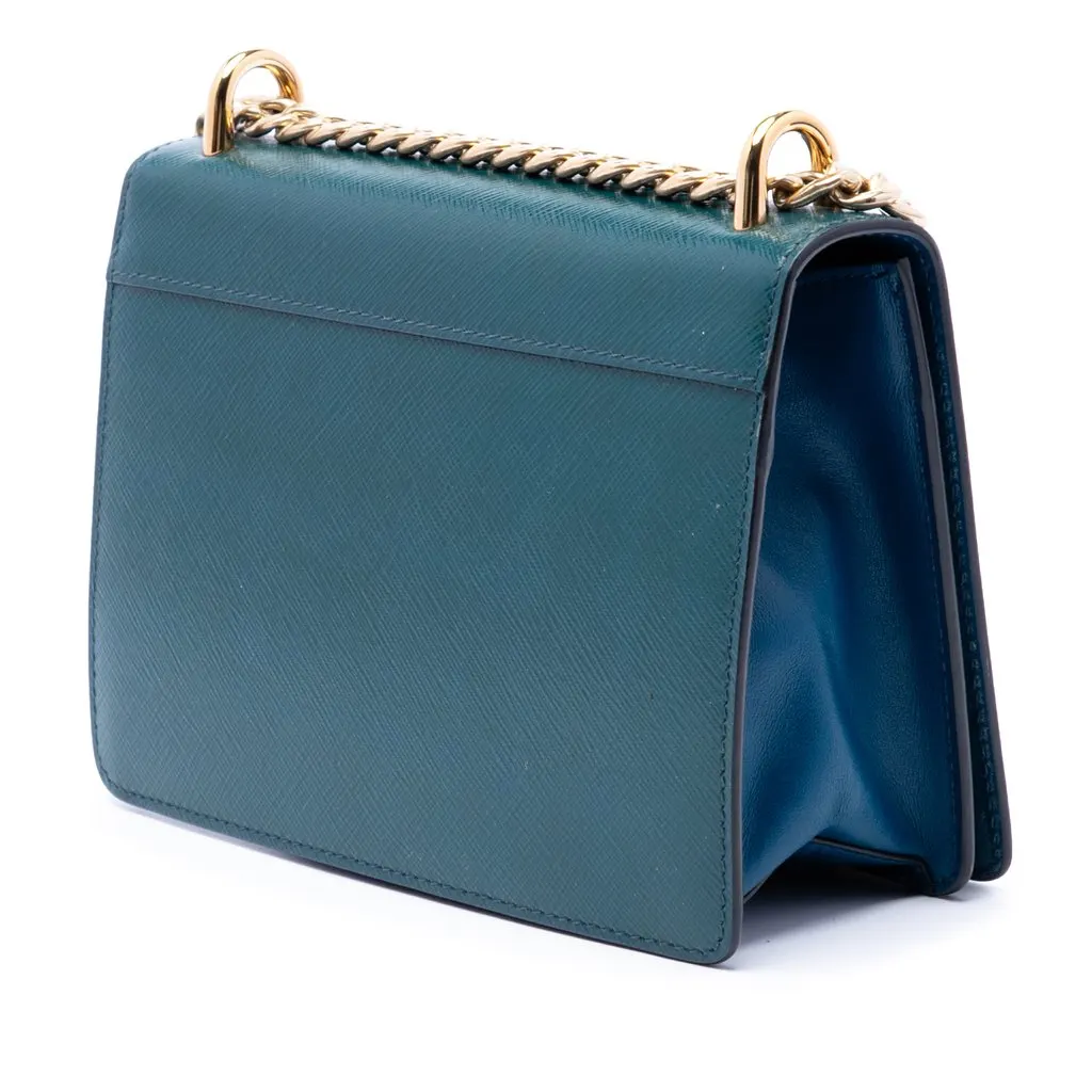 Prada Mini Saffiano Chain Flap Crossbody Blue Leather Very good - Back View