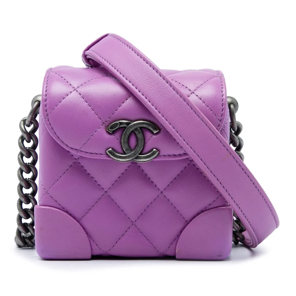 Chanel Mini CC Quilted Lambskin Trunk Like Box Crossbody Purple Leather Very good - Front View