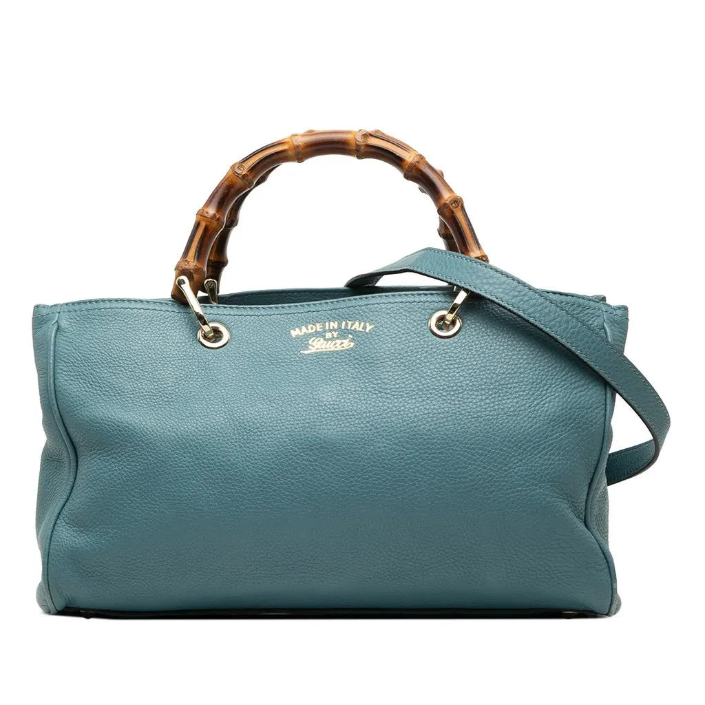 Gucci Medium Calfskin Bamboo Shopper Satchel Blue Leather Very good - Front View